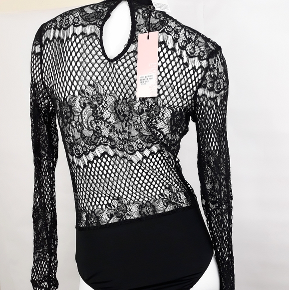 NWT $108 U.S. 8 Bohemian Bodysuit Black Sheer Lace Upper Keyhole Back Layering - Picture 6 of 8